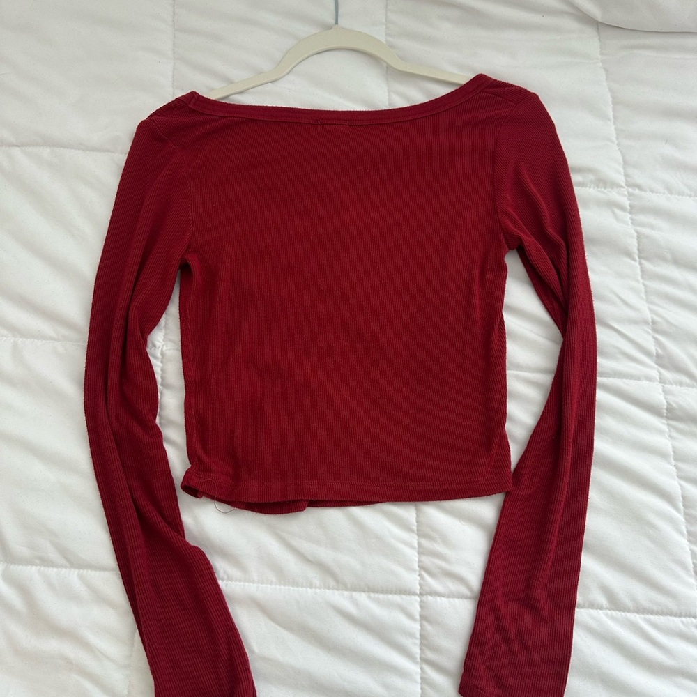 Garage Deep Red Ribbed Scoop-Neck Long Sleeve Crop Top - Picture 4 of 4
